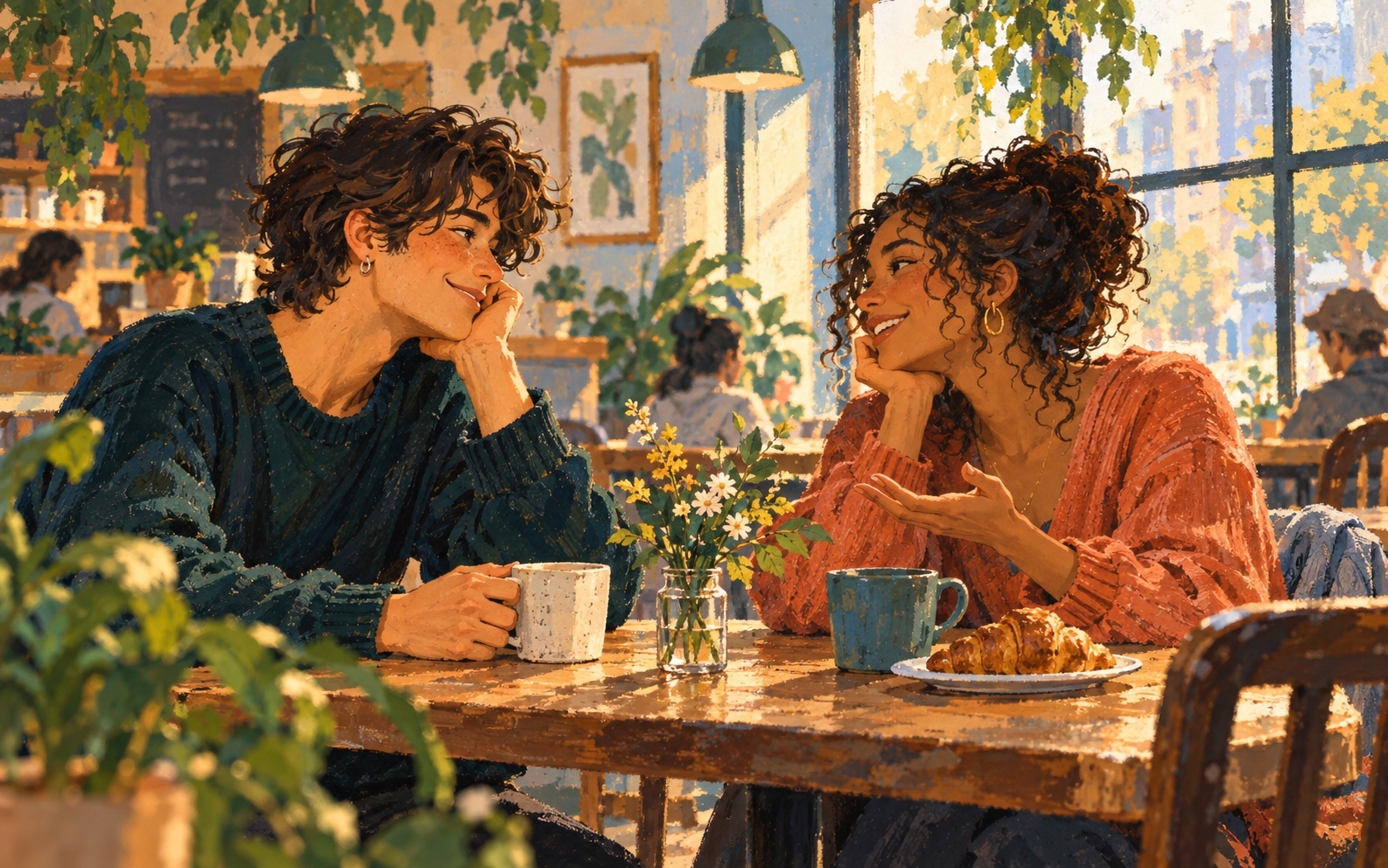 Two adults enjoying a relaxed conversation in a warm, calm café